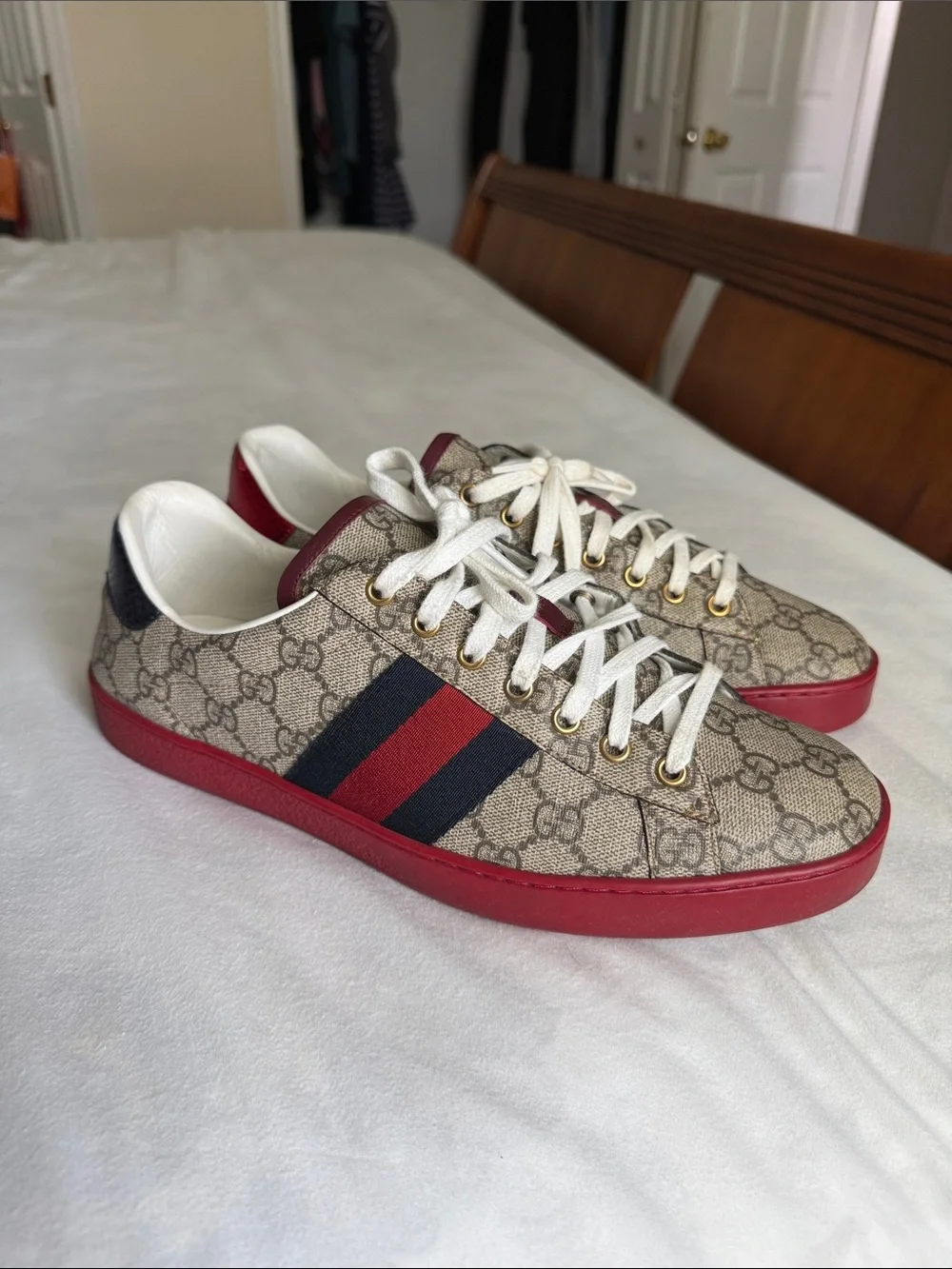 Gucci Beige GG Canvas Sneakers with Red & Navy Web